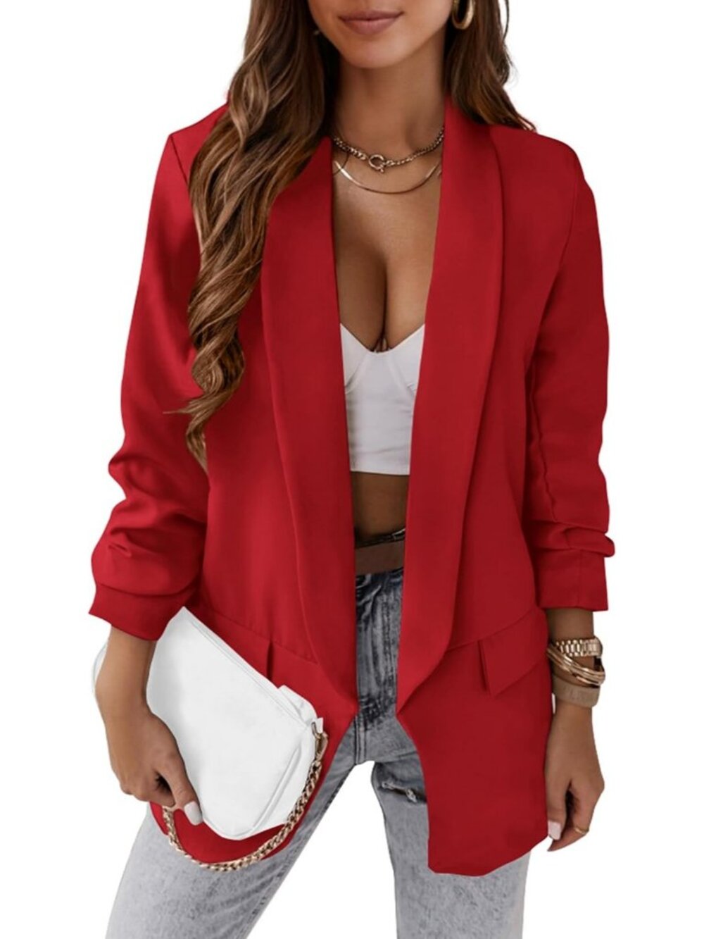 Women's Red Comfy Fabric Blazer Jacket Business Casual Open Front Office Suit